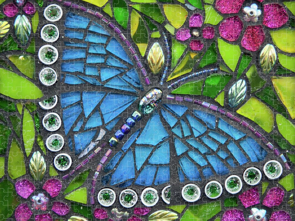 Butterfly Jigsaw Puzzle featuring the glass art Blue Beauty by Cherie Bosela