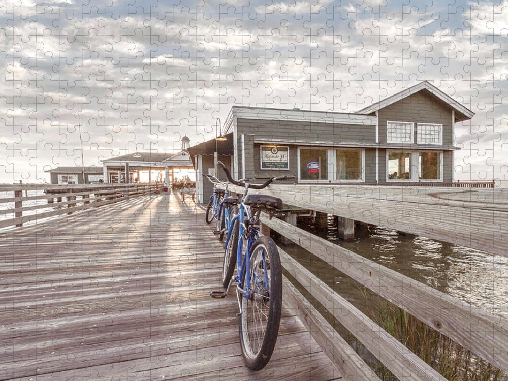 Clouds Jigsaw Puzzle featuring the photograph Blue Bicycles on the Jekyll Island Beach Boardwalk Pier by Debra and Dave Vanderlaan