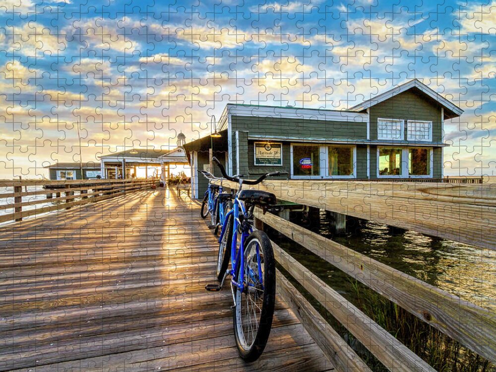 Clouds Jigsaw Puzzle featuring the photograph Blue Bicycles on the Jekyll Island Boardwalk Pier by Debra and Dave Vanderlaan