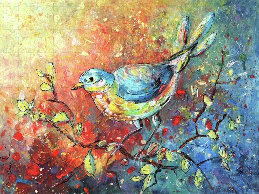 Birds Jigsaw Puzzle featuring the painting Blue Bird 01 by Miki De Goodaboom