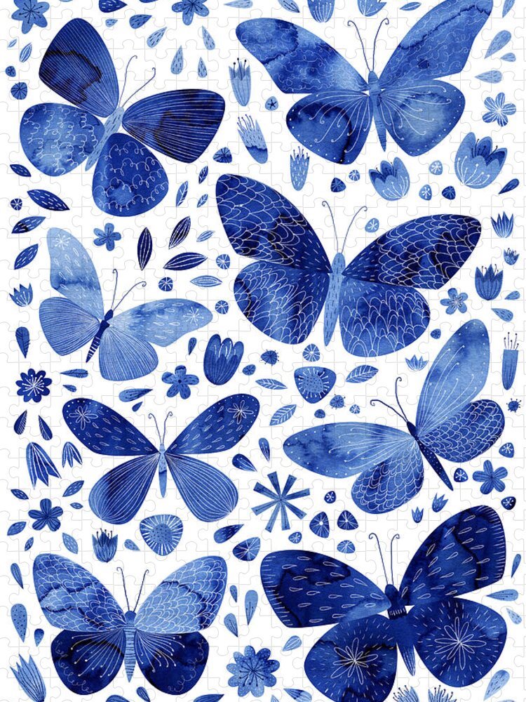 Watercolor Jigsaw Puzzle featuring the painting Blue Butterflies by Nic Squirrell
