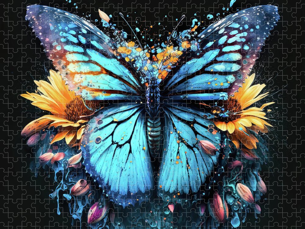 Blue Butterfly Jigsaw Puzzle featuring the painting Blue Butterfly Explosion by Tina LeCour