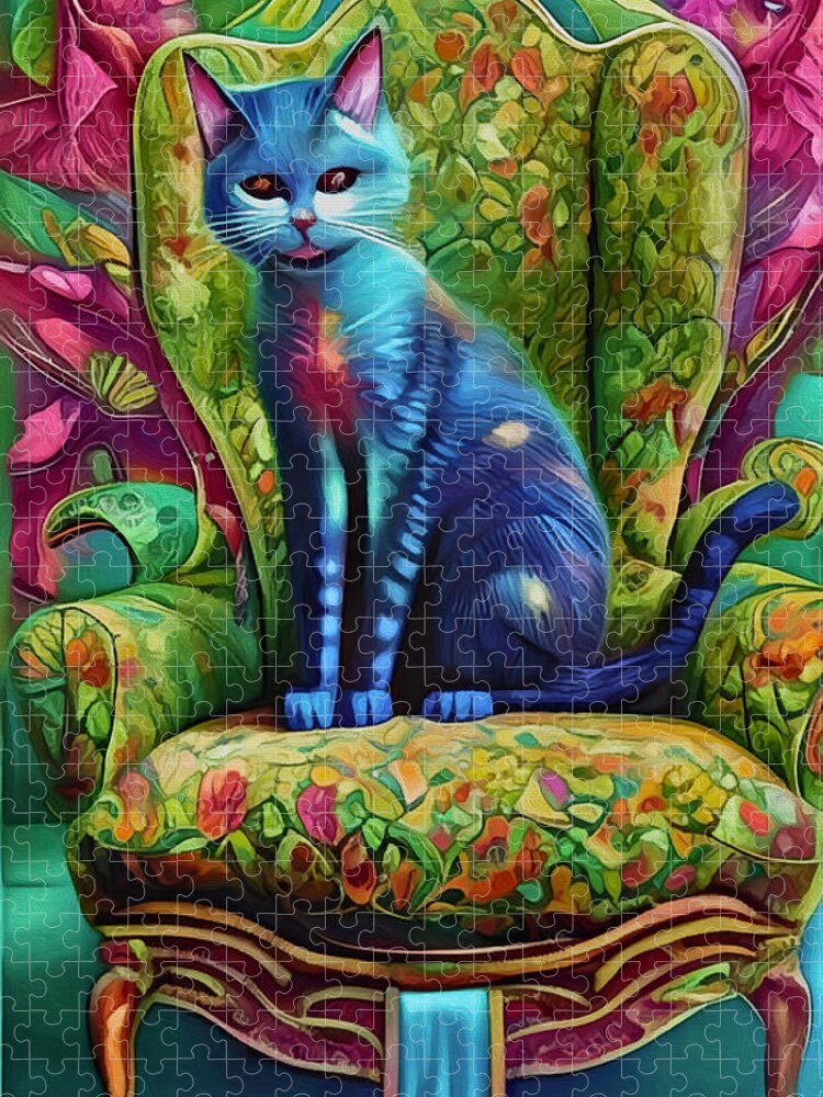 Cute Cat Jigsaw Puzzle featuring the mixed media Blue Cat on a Victorian Chair by Ann Leech