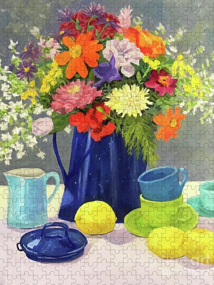 Blue Jigsaw Puzzle featuring the painting Blue Coffeepot Bouquet by Anne Marie Brown