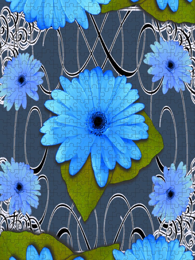 Blue Jigsaw Puzzle featuring the drawing Blue Daisy Cup Design by Delynn Addams