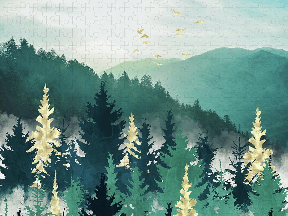 Blue Jigsaw Puzzle featuring the digital art Blue Forest Mist by Spacefrog Designs
