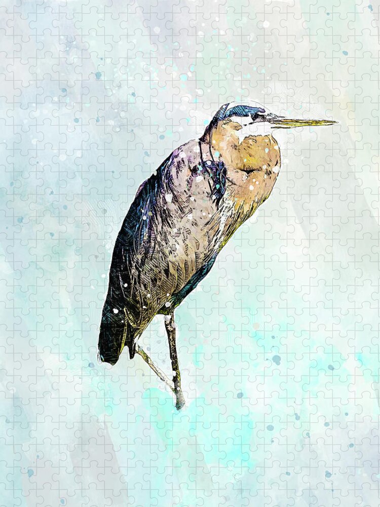  Great Blue Heron Jigsaw Puzzle featuring the mixed media Blue Heron Illustration by Pamela Williams