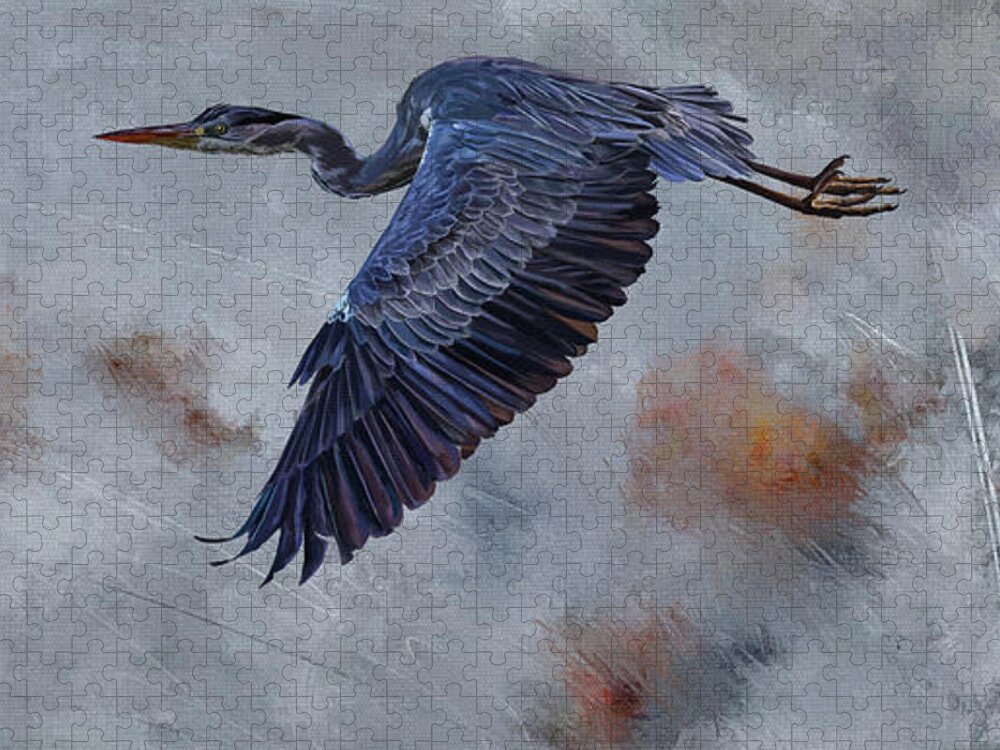 Bird Jigsaw Puzzle featuring the digital art Blue Heron in Flight by Shawn Conn
