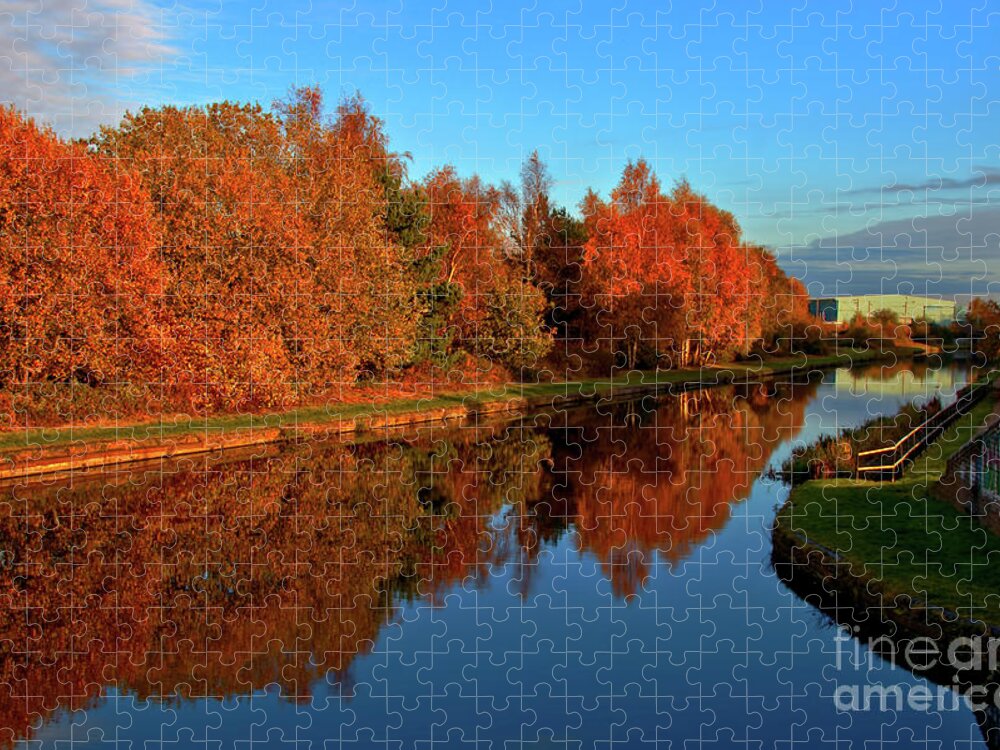 Water Jigsaw Puzzle featuring the photograph Blue Hour Autumn canal by Baggieoldboy