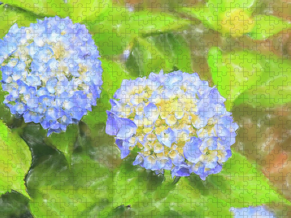 Colors Jigsaw Puzzle featuring the digital art Blue Hydrangea Deux Watercolor by Tanya Owens