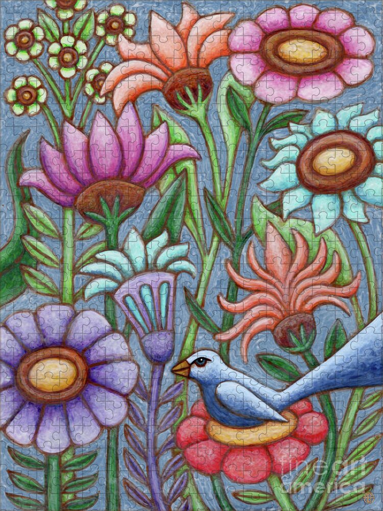 Bird Jigsaw Puzzle featuring the painting Blue Meadow Breeze by Amy E Fraser