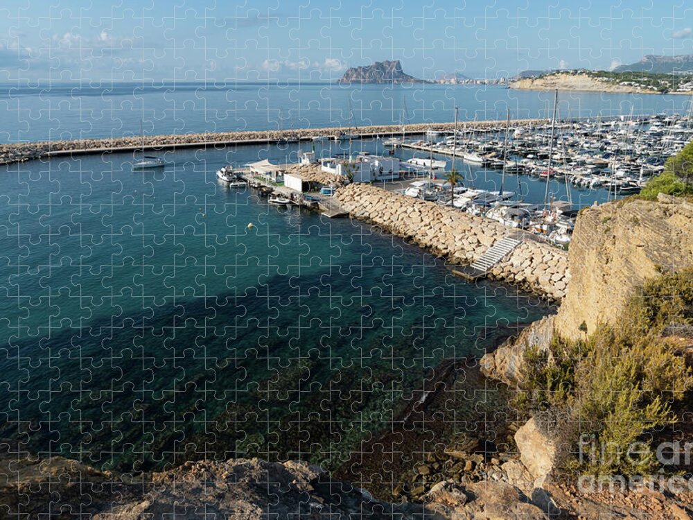 Mediterranean Coast Jigsaw Puzzle featuring the photograph Blue Mediterranean Sea and marina in Moraira 2 by Adriana Mueller