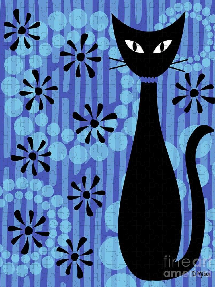 Abstract Cat Jigsaw Puzzle featuring the digital art Blue Mod Cat by Donna Mibus