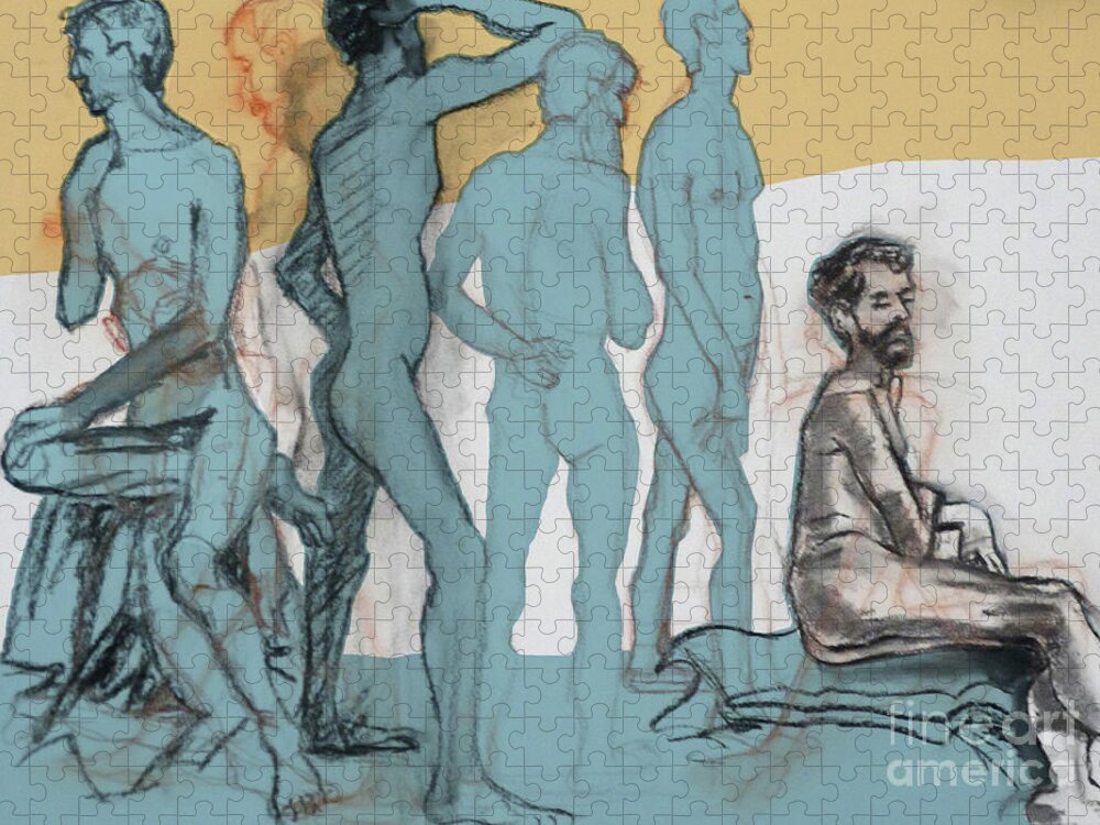 Male Nude Jigsaw Puzzle featuring the mixed media Blue Nude by PJ Kirk