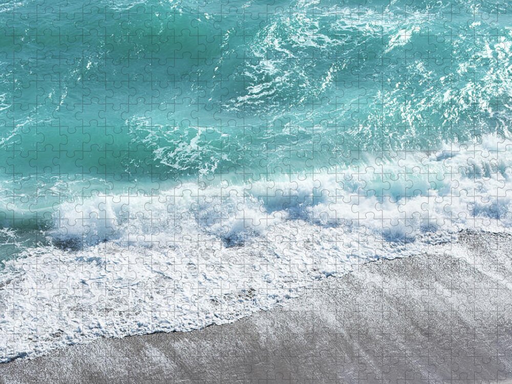 Beach Jigsaw Puzzle featuring the photograph Blue Ocean Breaking Waves Aerial by Laura Fasulo