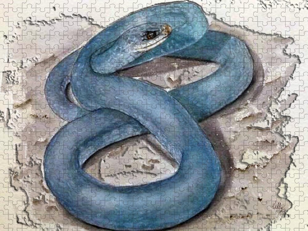 Blue Racer Snake Jigsaw Puzzle featuring the painting Blue Racer Snake by Kelly Mills