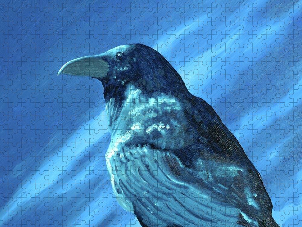 Blue Raven Nevermore Jigsaw Puzzle featuring the painting Blue Raven Nevermore by John Sweeney