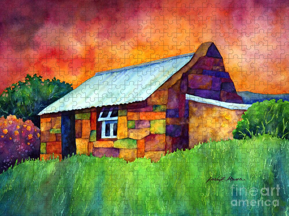 Whimsical Jigsaw Puzzle featuring the painting Blue Roof Cottage by Hailey E Herrera