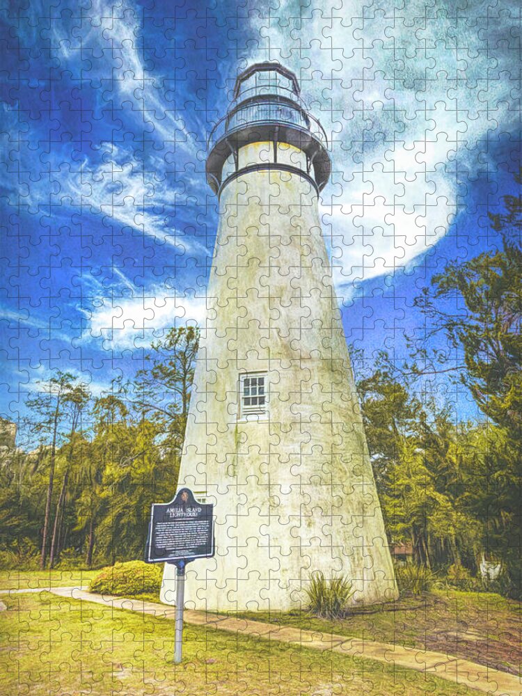 Lighthouse Jigsaw Puzzle featuring the photograph Blue Sky and White Clouds at the Amelia Island Lighthouse Water by Debra and Dave Vanderlaan