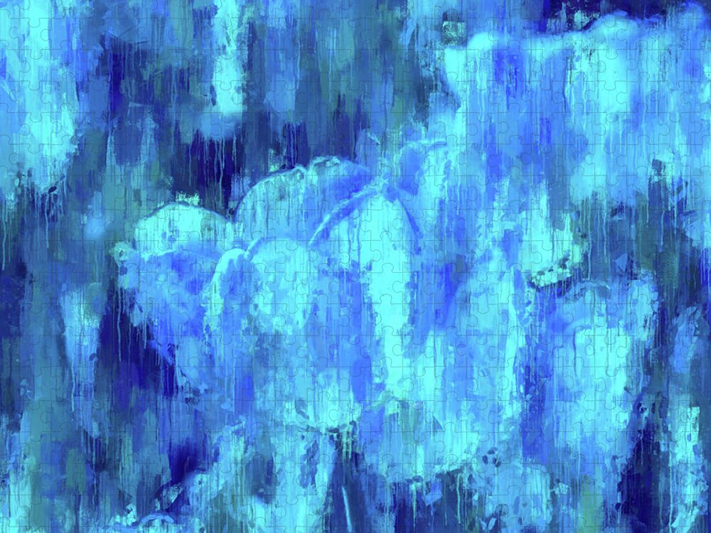 Blue Tulips Jigsaw Puzzle featuring the digital art Blue Tulips On A Rainy Day by Alex Mir