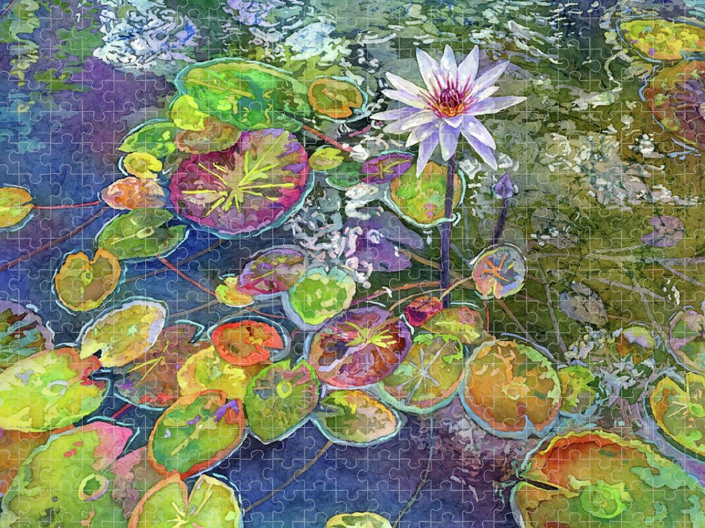 Blue Water Lily Jigsaw Puzzle featuring the painting Blue Water Lily - Nymphaea Blooming by Hailey E Herrera