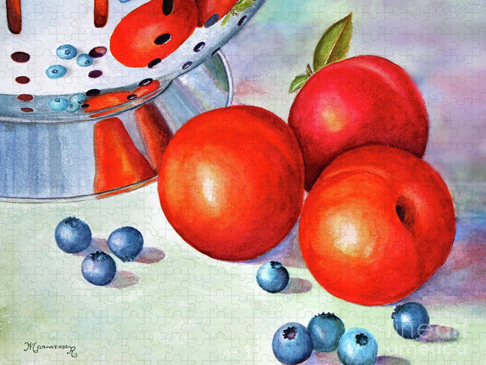 Art Jigsaw Puzzle featuring the painting Blueberries and Nectarines by Mariarosa Rockefeller