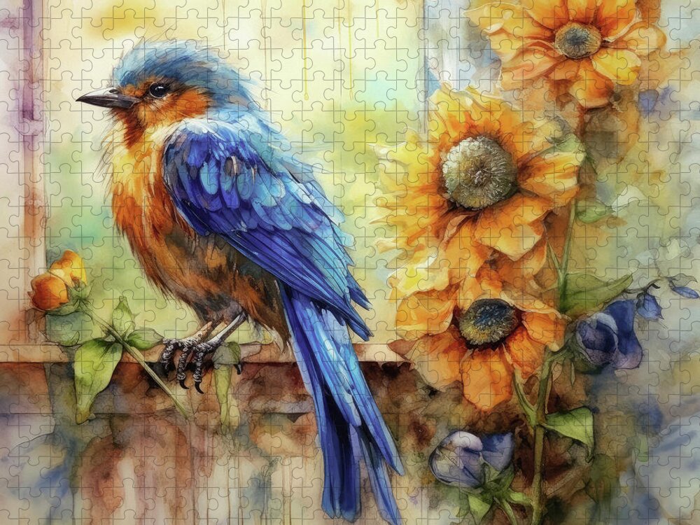Bluebird Jigsaw Puzzle featuring the painting Bluebird In The Window by Tina LeCour