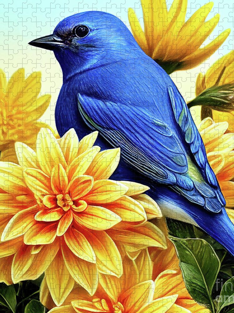 Eastern Bluebird Jigsaw Puzzle featuring the painting Bluebird In The Yellow Peonies by Tina LeCour