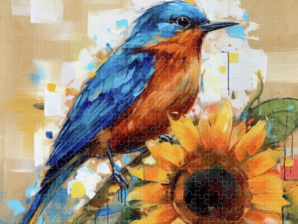 Bluebirds Jigsaw Puzzle featuring the mixed media Bluebird Perched Upon The Sunflower by Tina LeCour