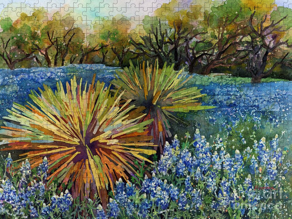Cactus Jigsaw Puzzle featuring the painting Bluebonnets and Yucca by Hailey E Herrera