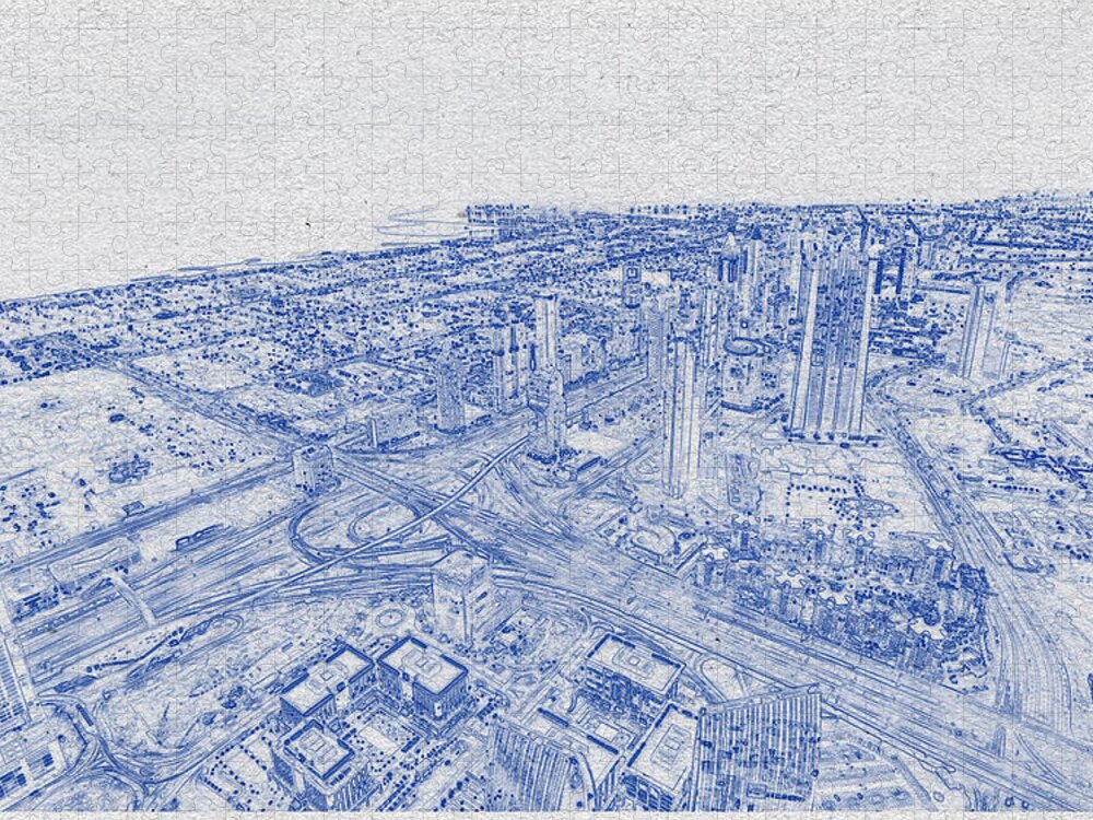 Oil On Canvas Jigsaw Puzzle featuring the digital art Blueprint drawing of Cityscape 33 by Celestial Images