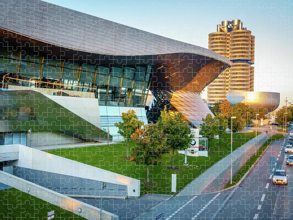 Bavaria Jigsaw Puzzle featuring the photograph BMW showroom and the headquarters in Munich by Alexey Stiop