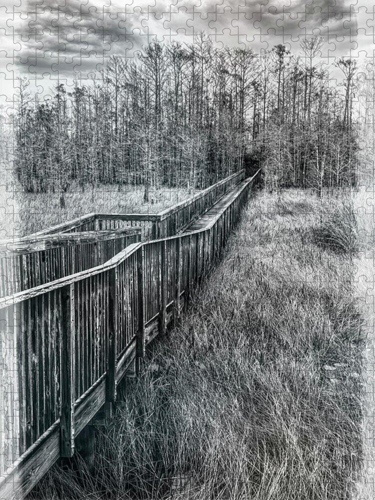 Clouds Jigsaw Puzzle featuring the photograph Boardwalk over the Marsh in Black and White by Debra and Dave Vanderlaan