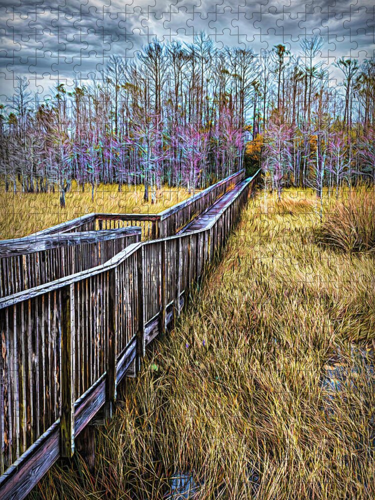 Clouds Jigsaw Puzzle featuring the photograph Boardwalk over the Marsh Painting by Debra and Dave Vanderlaan