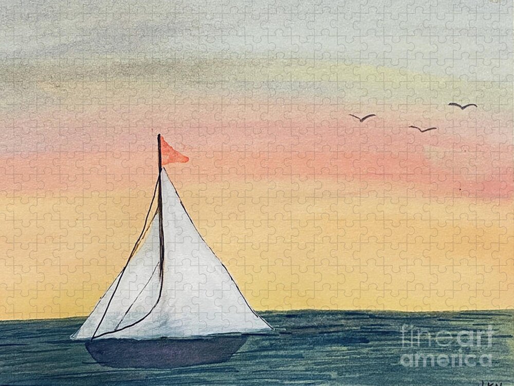 Sailboat Jigsaw Puzzle featuring the painting Boat at Sunset by Lisa Neuman
