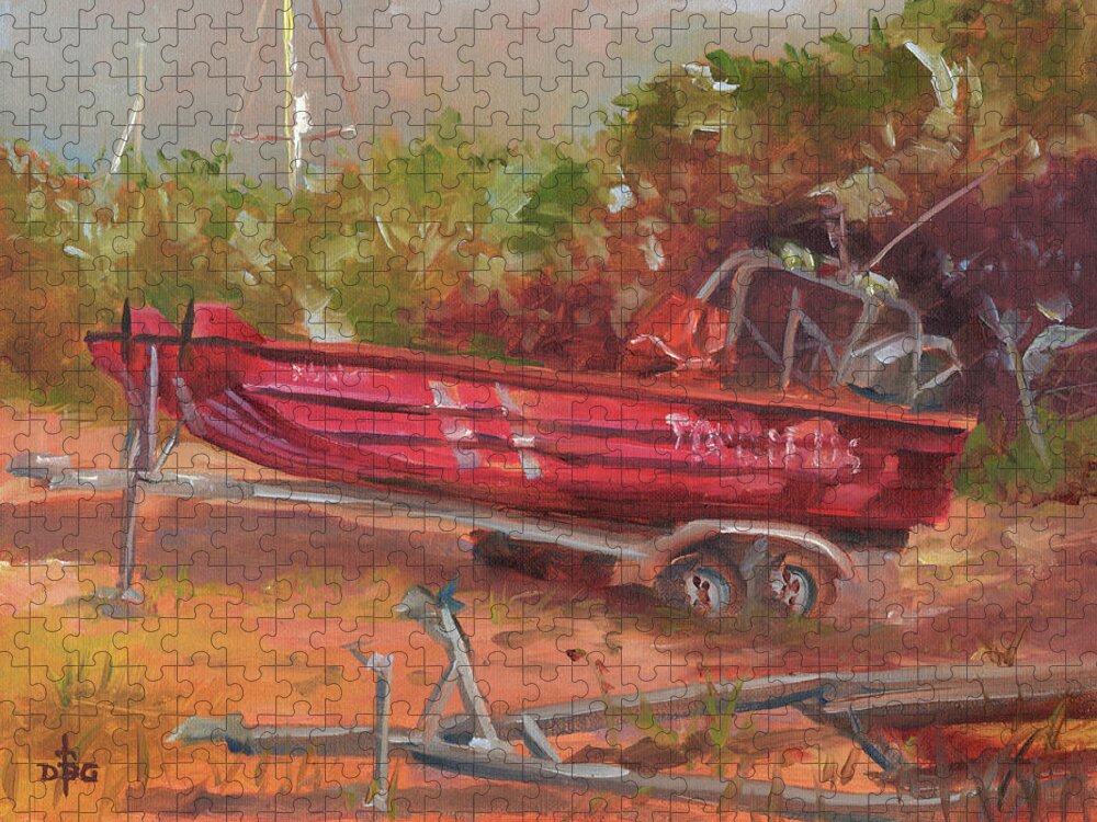 Boat Red Founders Park Jigsaw Puzzle featuring the painting Boat U.S. at Founders Park by David Bader