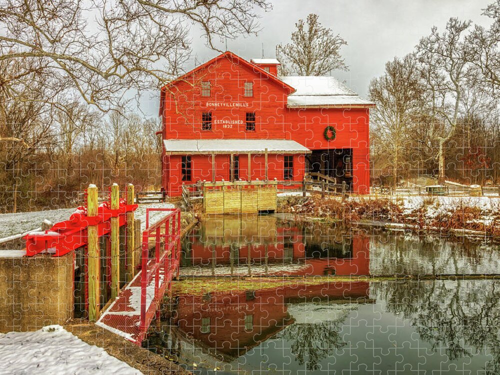 Grist Mill Jigsaw Puzzle featuring the photograph Bonneyville Mills Christmas by Susan Rissi Tregoning
