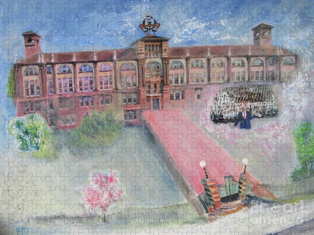 School Jigsaw Puzzle featuring the painting Boroughmuir Old School - Past and Present by Richard James Digance
