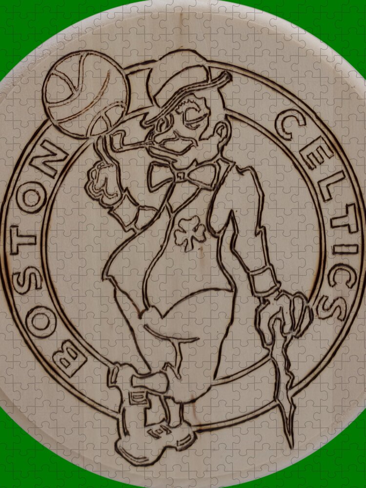 Wood Burned Art Jigsaw Puzzle featuring the pyrography Boston Celtics est 1946 by Sean Connolly