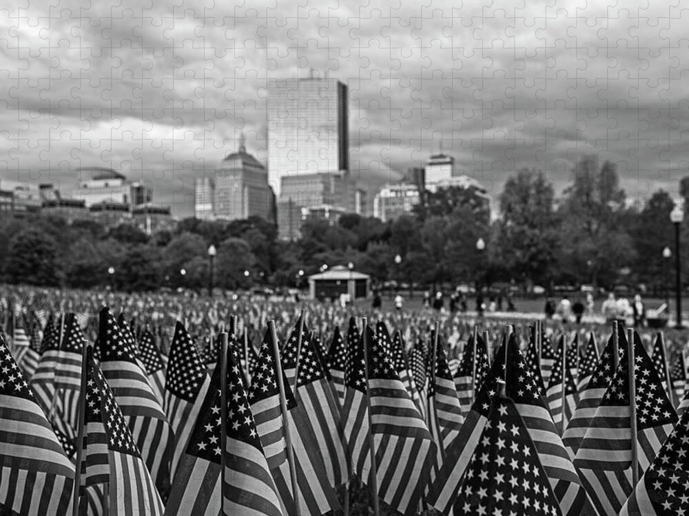 Boston Jigsaw Puzzle featuring the photograph Boston Common Memorial Day Flags Dramatic Sky Boston Massachusetts Black and White by Toby McGuire