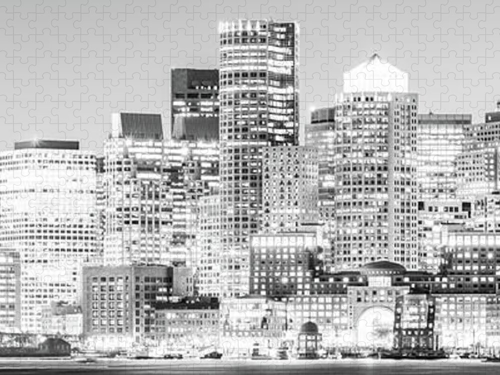 2014 Jigsaw Puzzle featuring the photograph Boston Skyline Cityscape at Night Black and White Panorama by Paul Velgos