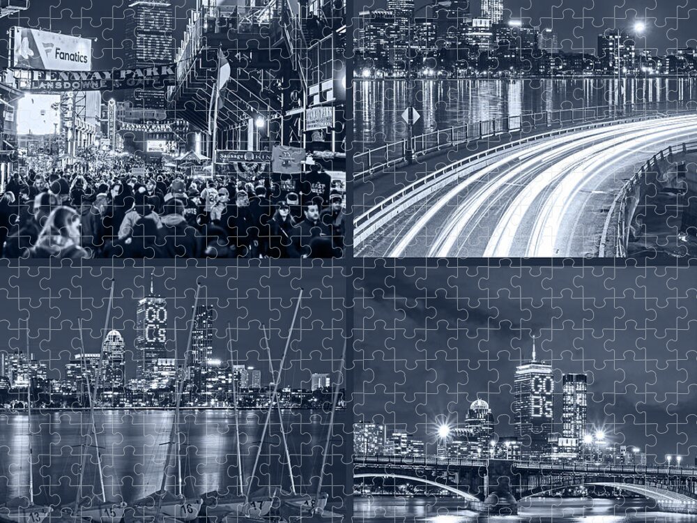 Boston Jigsaw Puzzle featuring the photograph Boston Sports Greatness The Prudential Lit up for the Red Sox,Patriots, Celtics and Bruins Mono Blue by Toby McGuire