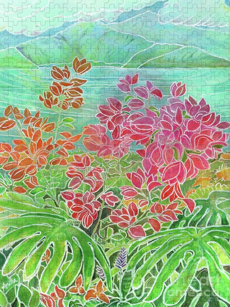 Tropical Jigsaw Puzzle featuring the painting Bougainvillea in Maui by Amelia Stephenson at Ameliaworks