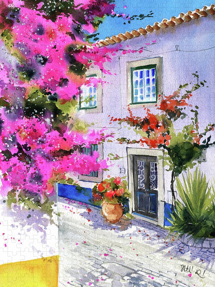 Portugal Jigsaw Puzzle featuring the painting Bougainvilleas of Obidos Portugal Painting by Dora Hathazi Mendes