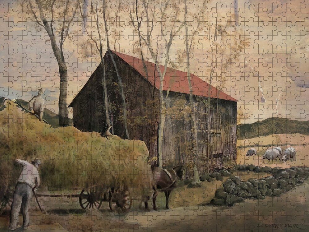 Barn Jigsaw Puzzle featuring the mixed media Bowen Hill Road Barn by Lisa Curry Mair