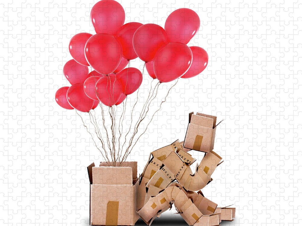 Love Background Jigsaw Puzzle featuring the photograph Box character sat thinking with balloons gift by Simon Bratt
