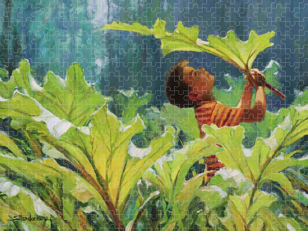 Forest Jigsaw Puzzle featuring the painting Boy in the Rhubarb Patch by Steve Henderson
