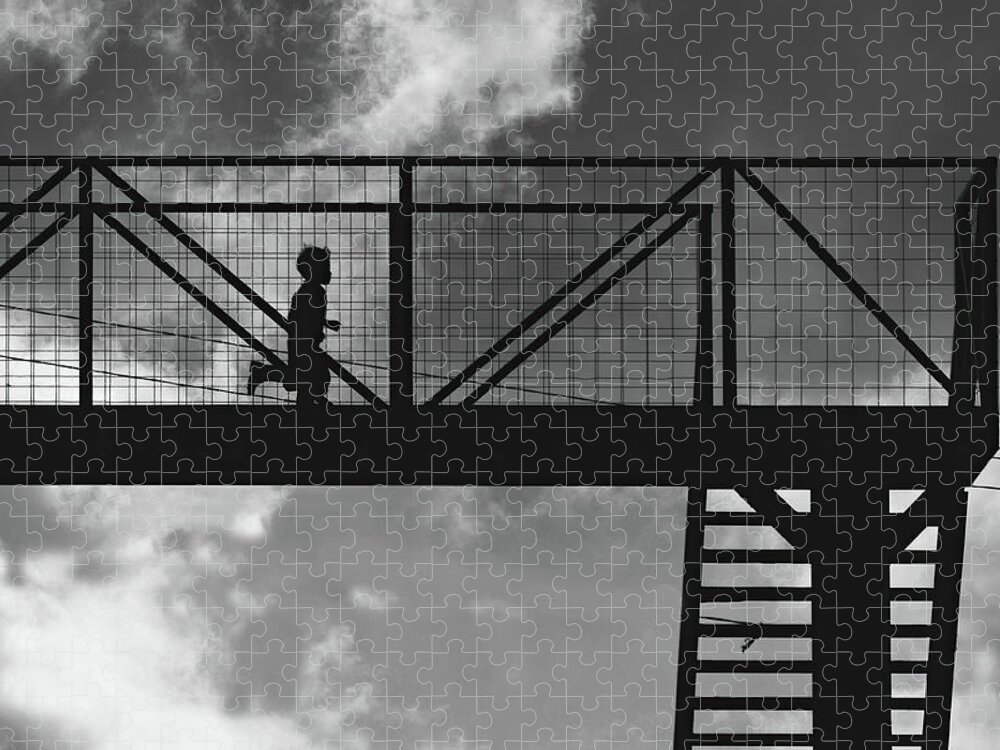 Silhouette Jigsaw Puzzle featuring the photograph Boy running on highway bridge in Guatemala BW by Tatiana Travelways