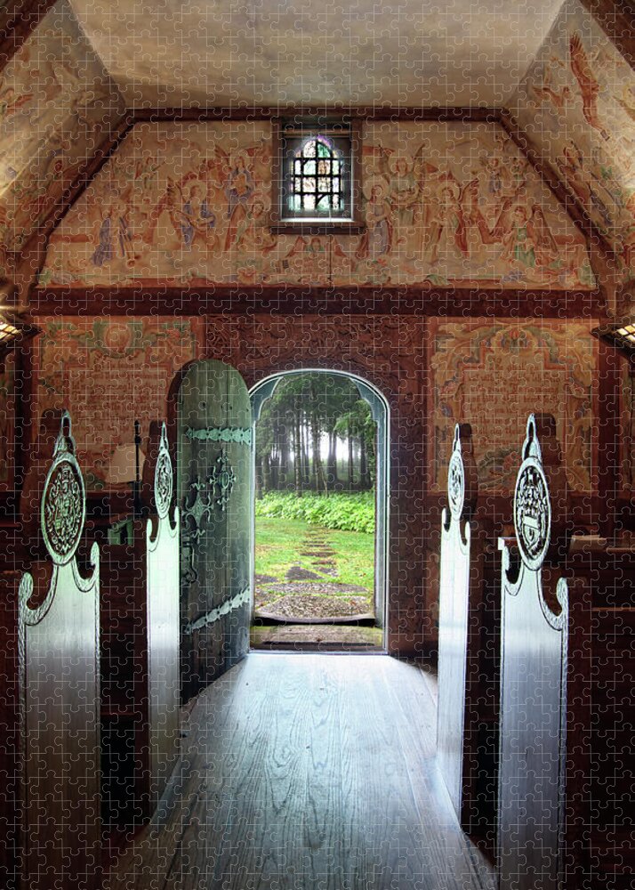 Chapel Jigsaw Puzzle featuring the photograph Boynton Norwegian Chapel from inside - Door County WI by Peter Herman