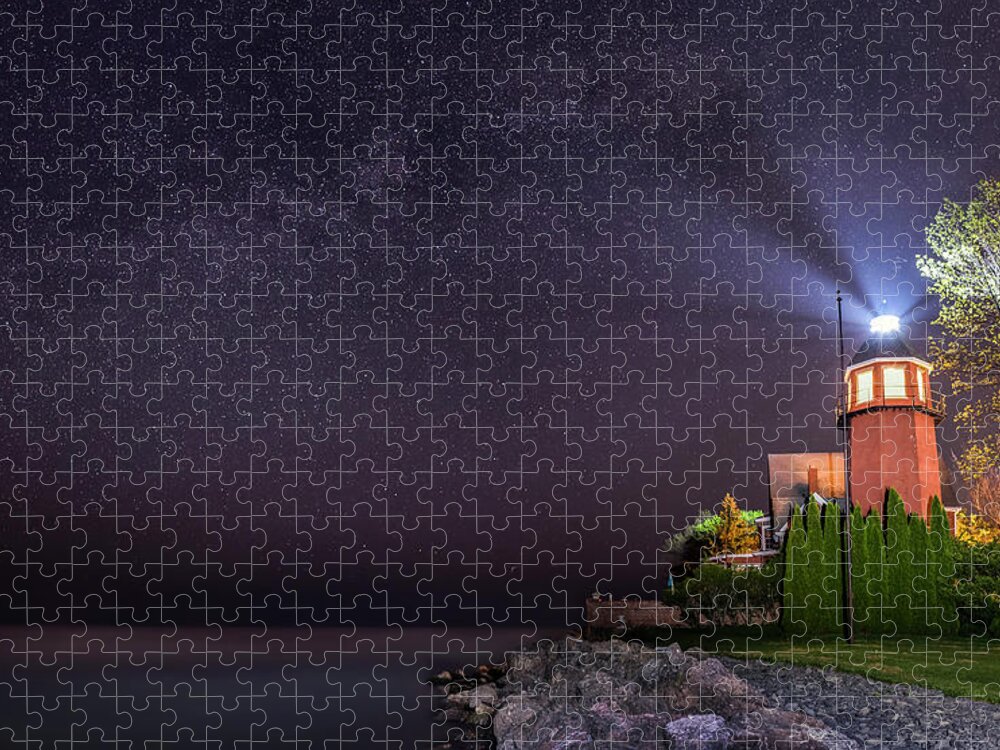 Braddock Point Lighthouse Bed And Breakfast Jigsaw Puzzle featuring the photograph Braddock Point Lighthouse At Night by Mark Papke